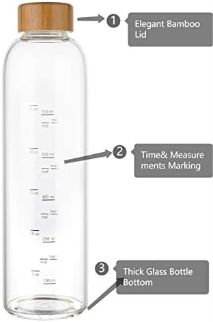 32 oz Glass Water Bottle with Time Marker Bamboo Lid Neoprene Sleeve for to Go Travel Gym Home Reusable Eco Friendly Bpa Free (Gray)