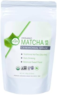 Aiya Certified USDA Japanese Organic Ceremonial Grade Matcha Green Tea Powder, 100g Bag (3.53 oz.)