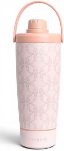 Elanelle 20oz Insulated Stainless Steel Shaker Bottle with Storage Base, Strainer Lid Protein Shaker Cup for Gym, Ball-Free Quiet Mixing, Carry Handle, BPA-Free, Pink (Peachy Floral) by Coquella