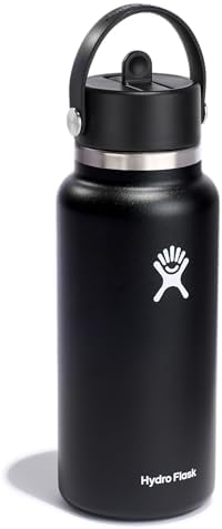Hydro Flask Water Bottle - Insulated Stainless Steel - Wide Straw Lid, Non Spill, Leakproof in 32 Oz Black