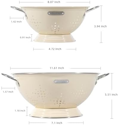 Metal Colander 2 Pack, Strainer Bowel with Handles 2Qt & 6Qt Powder Coated Solid Ring Base Heavey Duty Kitchen Drainer Basket for Pasta Veggies and Fruits,New Home Apartment Essentials (Almond Cream)