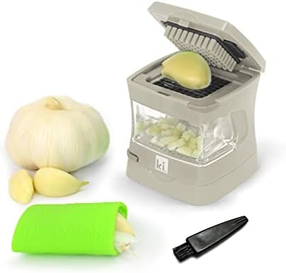 Garlic-A-Peel Garlic Press, Crusher, Cutter, Mincer, and Storage Container - Includes Silicone Garlic Peeler - Easy to Clean - Stainless Steel Blades – (Cream), standard by Kitchen+Innovations