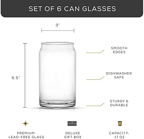 Drinking Glass Cups Set of 6-16oz Beer Can Glasses. Clear Soda Can Shaped Glass Cups, Cute Iced Coffee Cup Tumblers, Cold Drink Glassware, Unique Water, Tea, Cocktail Glass Set