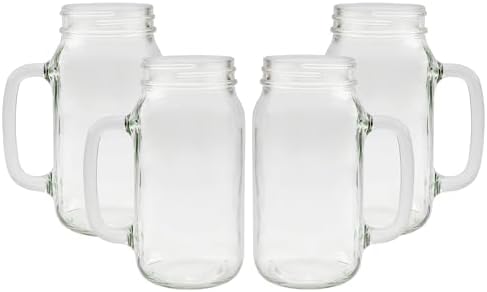 Mason Jar Mugs with Handles (24oz, Clear, 4-Pack); Glass Drinking Glasses for Cold Beverages, Decoration, Storage, Party Favors, Cocktails, Floats