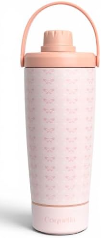 Elanelle 20oz Insulated Stainless Steel Shaker Bottle with Storage Base, Strainer Lid Protein Shaker Cup for Gym, Ball-Free Quiet Mixing, Carry Handle, BPA-Free, Pink (Peachy Bow) by Coquella