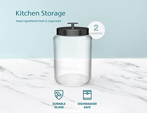 Glass Storage Containers with Lids, Glass Jar with Lid, 1 Gallon, Set of 2, Glass Canister, Storage, Laundry, Kitchen Jar, (Circular, Black)