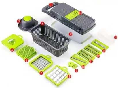 CUTT Vegetable Slicer, Pro Onion Slicer, Cutter, and Vegetable Chopper with Container and Vegetable Brush for Kitchen - (13pc) 12 in 1 Multifunctional Mandoline Slicer with 8 Interchangeable Blades - Image 2