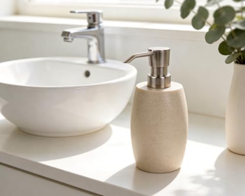Sandstone Textured Resin Soap Dispenser with Metallic Pump and Waterproof Bottle Labels for Bathroom Kitchen Dish Hand Wash Shower Lotion Shampoo, 12 Oz, 2 Sets Beige