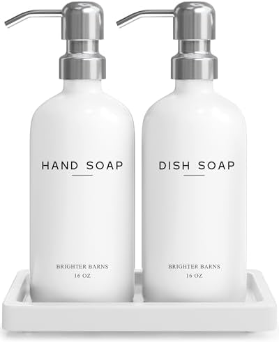 White Glass Hand and Dish Soap Dispenser Set - Kitchen Soap Dispenser Set with Tray & Pump for Office, Hotel, Vacation Rental, Airbnb - Modern Kitchen Decor & Accessories (White)