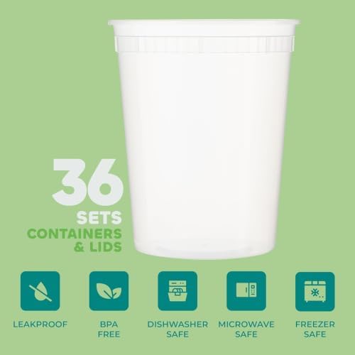 32 Oz Deli Food Containers with Lids - (36 Sets) Quart Airtight Plastic Food Storage for Takeout, Meal Prep, To-Go, Soup Freezer Containers with 36 Lids, BPA-Free, Dishwasher, Microwave Safe