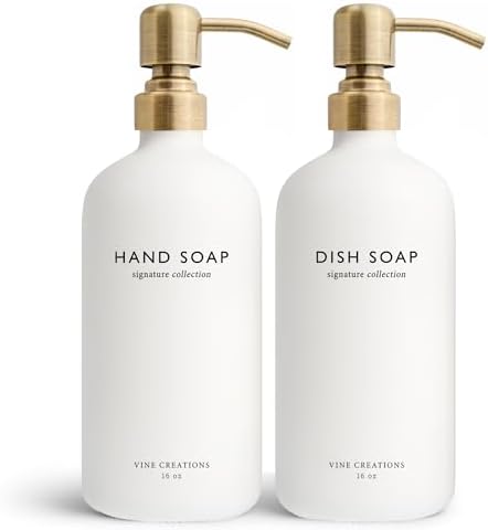 White Glass Soap Dispenser Set, Dish Soap and Hand Soap Dispenser Set with Stainless Steel Pump, 16 oz Glass Dispensers for Kitchen or Bathroom Decor (Matte White Bottle/Brushed Brass)