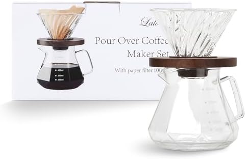 Pour Over Coffee Maker, 20 oz Borosilicate Glass Carafe with 100 pcs V60 Paper Filter, Walnut Handle & Glass Lid, Drip Coffee Maker for Home Café Restaurant Camping, 600 ml, Clear