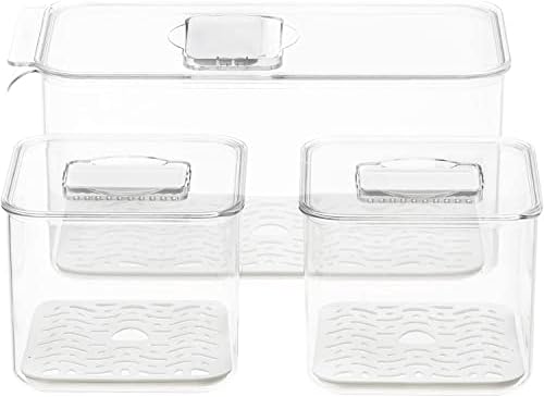 Food Storage Containers Produce Saver with Lids, Stackable Refrigerator Freezer Organizer Bins with Removable Drain Tray, Fridge Fresh Keeper for Veggie, Berry, Fruits, Vegetables 3 Pack