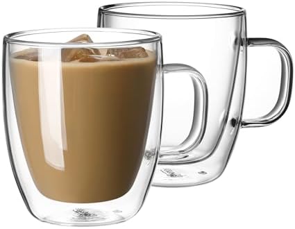 12.5 oz Double Wall Glass Coffee Mugs Set of 2 - Insulated for Espresso, Latte, Tea Beverages