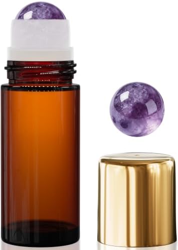 PrettyCare Rose Quartz Roller Bottles for Essential Oils, 50ml Roll On Bottles with Natural Crystal Roller Ball Applicator, Refillable Amber Glass Perfume Bottle (1 Pack, Purple Roller) by PrettyCare