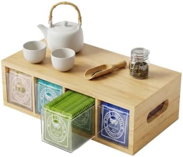 Bamboo Tea Bag Organizer with 4 Clear Acrylic Drawers and Top Tray