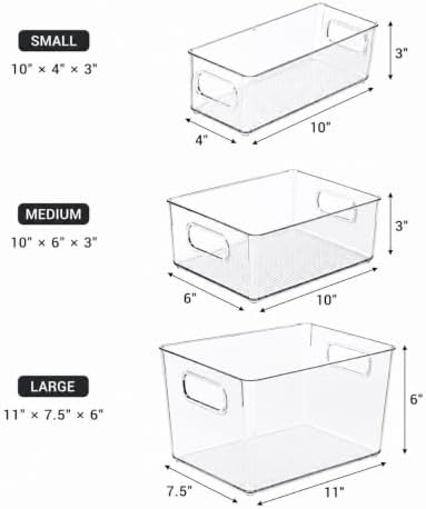 Set of 5 Stackable Fridge Organizers and Storage Bins, 2 Small, 2 Medium & 1 Large Clear Plastic Pantry Organizer Bins with Handles, BPA-Free PET Food Storage Boxes for Kitchen, Freezer & Cabinet