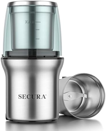 Secura Electric Coffee and Spice Grinder, 1 Removable Bowls, Stainless by Secura