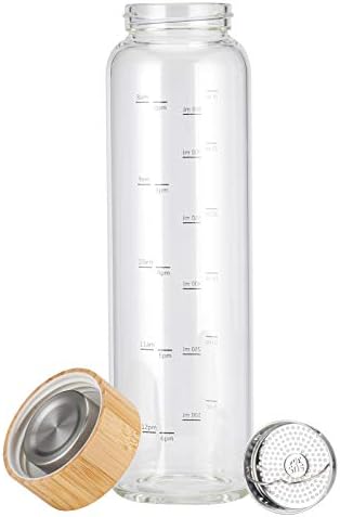 Glass Water Bottle 32 oz Wide Mouth with Sleeve Bamboo Lid Motivational Water Bottle With Time Marker Reusable Safe for Hot Cold Drinks Bpa Free (Gray)