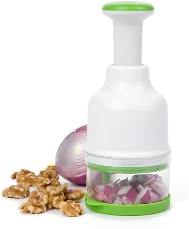 Fresh food chopper manual press rotary serrated blade onion pepper nut chopper built-in broom dishwasher applicable. by Unknown