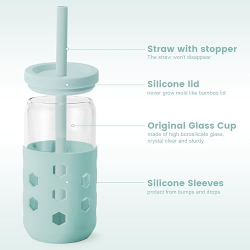 16 oz Glass Cups with Lids and Straws for Gift, 4-Pack, Grey