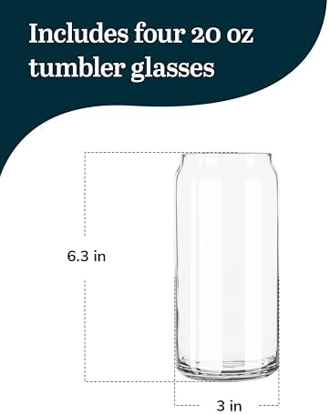 Classic Can XL Set of Drinking Glasses, Iced Coffee Cups Set of 4, 20 Oz, Dishwasher Safe Glass Beer Cups for Beverages and Cocktails