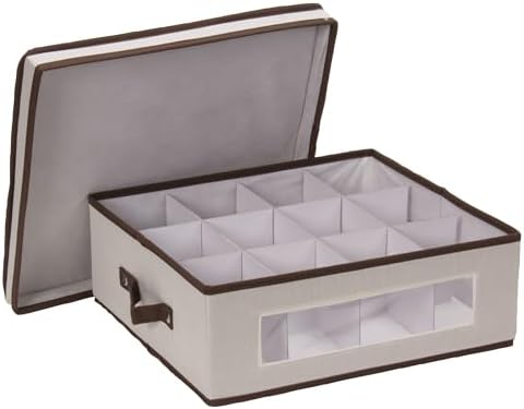 538 Vision China Storage Box for Tea Cups and Mugs with Lid and Handles | Natural Canvas with Brown Trim