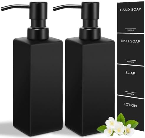 Black Soap Dispenser, Hand Soap Dispenser Bathroom, 12oz Glass Soap Dispenser with Stainless Steel Pump, Liquid Dish Soap Dispenser for Kitchen, Modern Bathroom/Kitchen Soap Dispenser Set