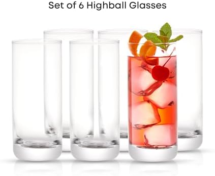 Faye 13oz Highball Glasses, 6pc Tall Glass Sets. Lead-Free Crystal Drinking Glasses. Water Glasses, Mojito Glass Cups, Tom Collins Bar Glassware, and Mixed Drink Cocktail Glass Set