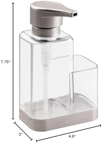 Modern Plastic Kitchen Sink Countertop Liquid Hand Soap Dispenser Pump Bottle Caddy with Storage Compartment - Holds and Stores Sponges, Scrubbers and Brushes - Clear/Brushed