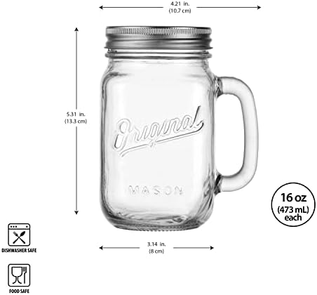 Mason Jar 16 Oz. Glass Mugs with Handle and Lid Set Of 4 - Home Essentials & Beyond - Old Fashioned Drinking Glass Bottles Original Mason Jar Pint Sized Cup Set.