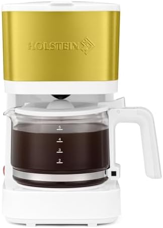 Holstein Housewares 5 Cup Coffee Maker – Compact Drip Coffee Machine with Auto Pause & Serve, Reusable Filter, Glass Carafe, Water Window & Warming Plate. White & Gold by HolsteinHousewares