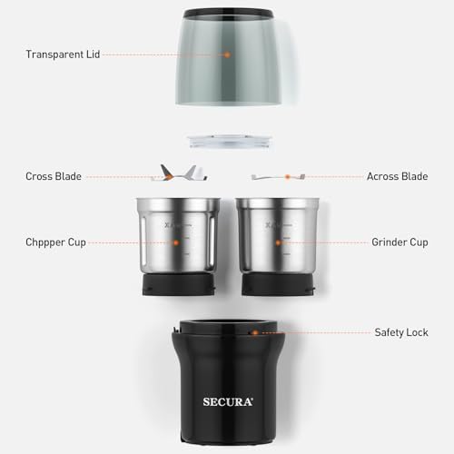 Secura Electric Coffee and Spice Grinder, 2 Removable Bowls, Black - Image 5