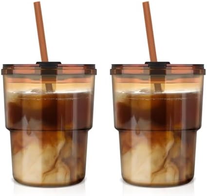 13 oz Glass Cups with Lids and Straws Reusable Iced Coffee Tumbler
