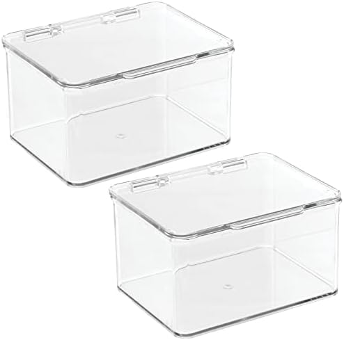 Plastic Kitchen Pantry and Fridge Storage Organizer Box Containers with Hinged Lid for Shelves or Cabinets, Holds Food, Snacks, Canned Drinks, Seasoning, Condiments, or Utensils, 2 Pack, Clear