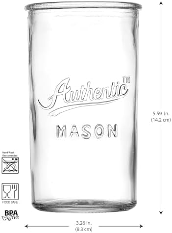 Drinking Glasses – Set of 4 Authentic Mason Vintage Glassware – Clear Glass Tumblers for Cocktails, Water, Juice – Embossed Vintage Drinking Glasses