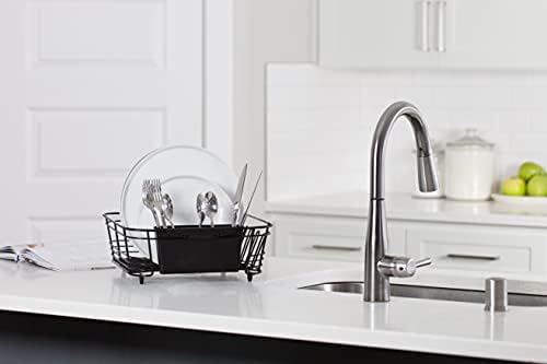 In-Sink Dish Drying Rack, Coated Steel, Black, 14.5 x 13 x 5 Inch, 2-Piece Set with Removable Utensil Caddy and Non-Slip Handles