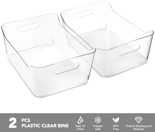 2 Pack Plastic Storage Bins, Extra Large Pantry Organizer, 13.5" x 10" Clear Storage Containers and Organizer Bins, Multi-Use Bins for Home, Kitchen, Closet and Cabinet
