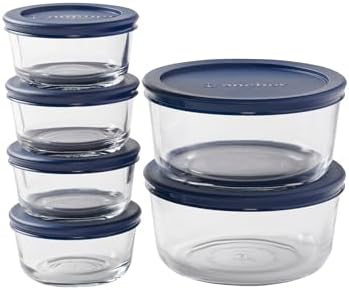 12 Piece Glass Storage Containers with Lids (6 Glass Food Storage Containers & 6 Navy Blue SnugFit Lids)