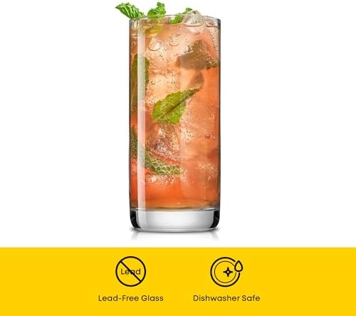 Faye 13oz Highball Glasses, 6pc Tall Glass Sets. Lead-Free Crystal Drinking Glasses. Water Glasses, Mojito Glass Cups, Tom Collins Bar Glassware, and Mixed Drink Cocktail Glass Set