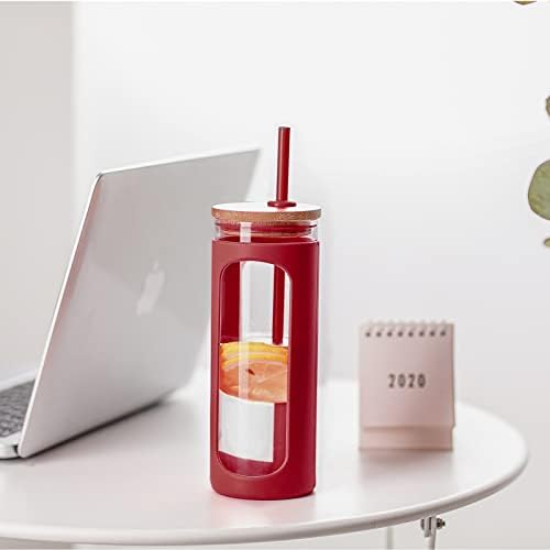20oz Glass Tumbler with Straw and Lid, Iced Coffee Cups with Bamboo Lids, Glass Cups for Cold Drinks, Smoothie Cup with Silicone Sleeve for Travel, Work, BPA FREE-Barbados Cherry