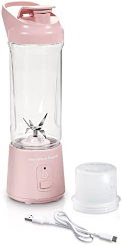 Hamilton Beach Mini Cordless Portable Personal Blender for Shakes and Smoothies, USB Rechargeable, 16 oz. Jar with Leakproof Travel Lid, 6 Stainless Steel Blades, Pink (51181) by HamiltonBeach