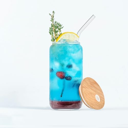20 Pack Glass Cups with Bamboo Lids and Glass Straws 16oz Clear Glass Tumblers Beer Can Shaped Drinking Glasses Iced Coffee Cups, Cute Tea Cups for Whiskey, Soda, Cocktail, Gift