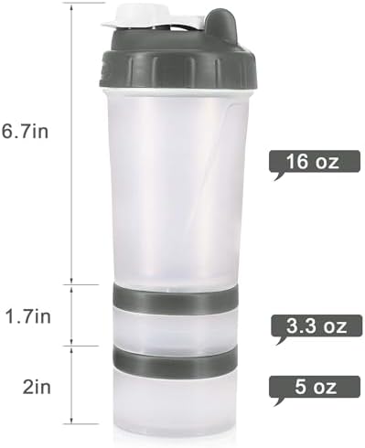 Hydro2Go 16oz Protein Shaker Bottle with Shaker Ball and 2 Storage Jars | BPA-Free Plastic Cup with Clear Measurement Scale | Perfect for Protein Mixes and Pills | Portable Pre-Workout Drink Cup（Grey） - Image 3