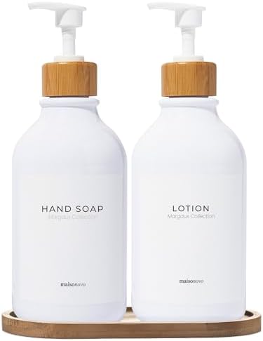 Soap Dispenser Bathroom Set of 2-16.9 oz Bathroom Soap Dispenser Set - White Plastic Bottles x 2 with White Bamboo Pumps & Tray