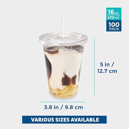 16 oz Clear Disposable Plastic Cups with Flat Lids and Straws, 100 Pack Clear Plastic Cups Tumblers, Heavy-duty Party Glasses, Disposable Cups for Thanksgiving, Halloween, Christmas Party