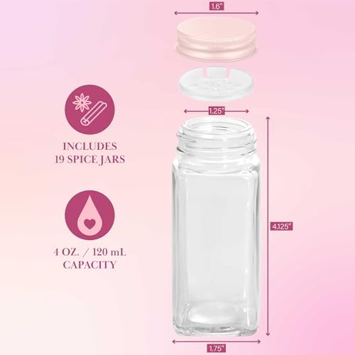 Glass Spice Jar Storage Set, 4-Ounce Empty Spice Jars with Labels, Shaker Caps and Metal Lids, Collapsible Funnel Included, 20-Piece, Pink