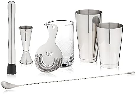 Bartender Kit for Mixed Drinks and Cold Brew Cocktails, Includes Boston Cocktail Shakers, Mixing Glass, Jigger, Muddler, Strainer, Bar Spoon for Home Bar, Gifts for Men, Bartender Gifts, 7-Piece