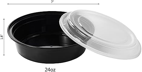 24 oz 50 ct Round Meal Prep Food Storage Containers with Lids To Go Plastic Lunch Plan Box Disposable Take Out Bowls Black BPA Free Reusable Durable Stackable Microwave Freezer Dishwasher Safe
