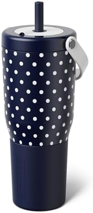BrüMate Resa 35oz 100% Leakproof Tumbler w/Handle & Straw | Flexible SoftSip Straw | Silicone Sleeve for Durability | Stainless Steel | Cup Holder & Travel Friendly Water Bottle (Navy Polka Dots) by Br%C3%BCMate